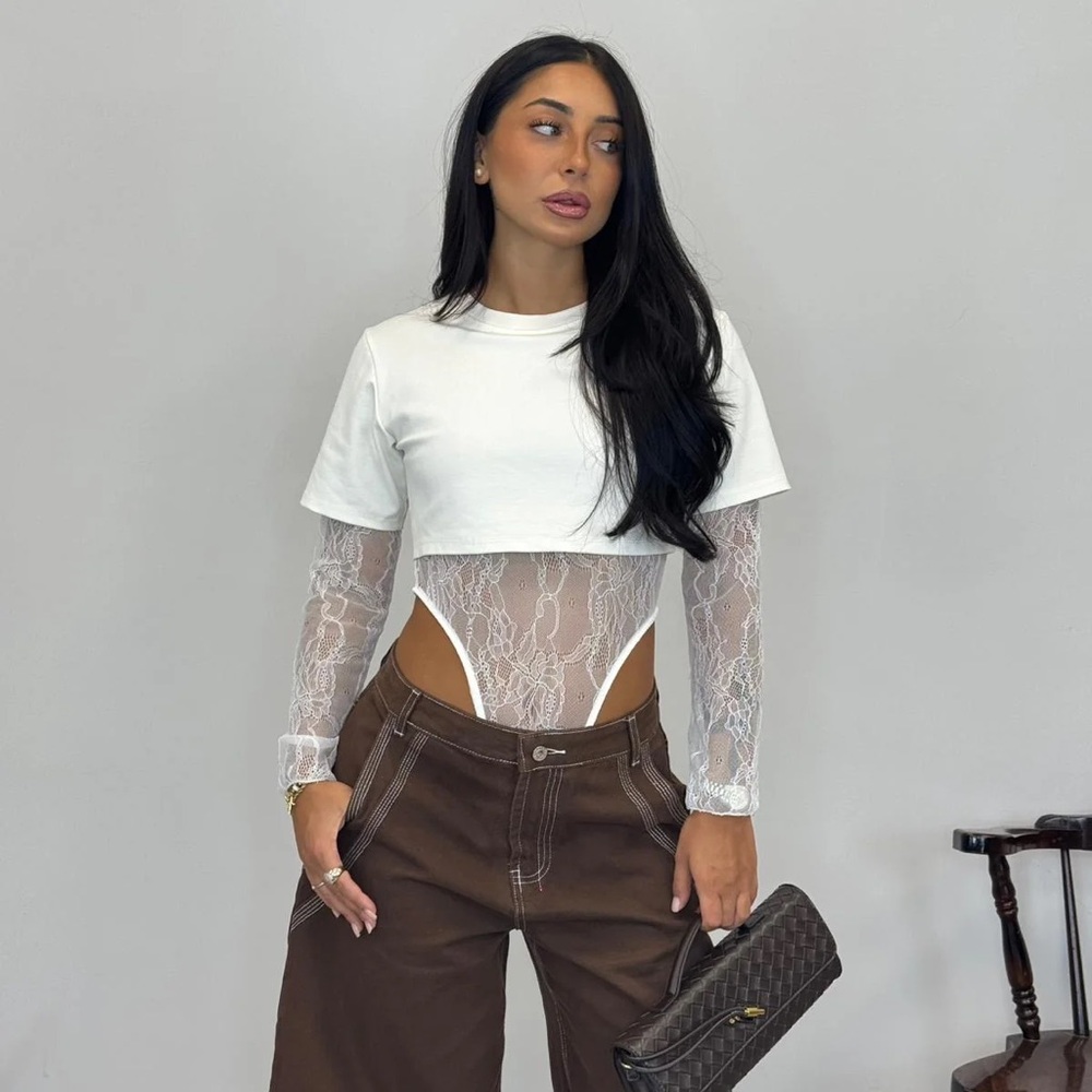 Lace Long Sleeve Bodysuit with Crop Top - Picture 11 of 15